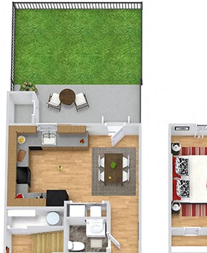 Biltmore with Fenced-in Yard Biltmore with Fenced-in Yard. 2 bedroom townhome. Kitchen ,living, and dinning rooms. 1 full bathroom + powder room. Patio/balcony open to yard.